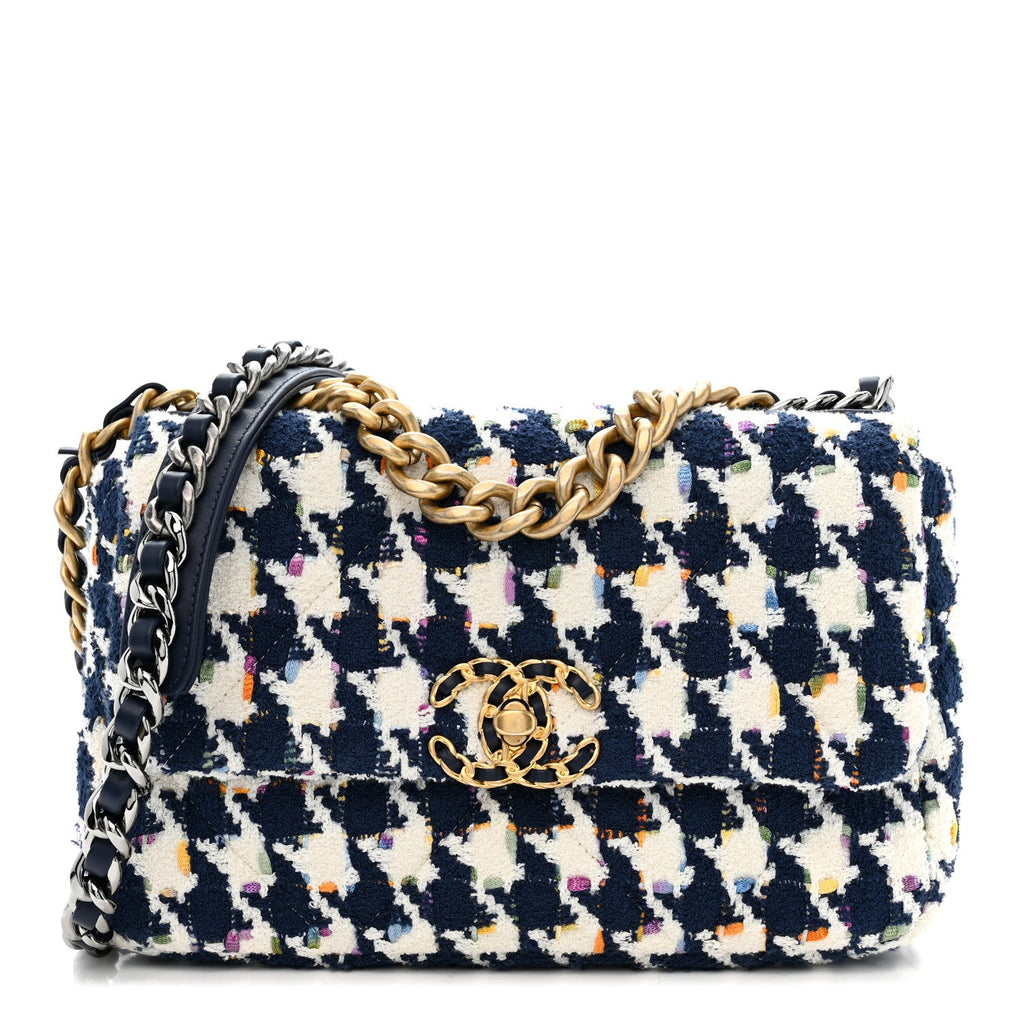 Tweed Quilted Medium Chanel 19 Flap Ecru Navy Blue Multicolor