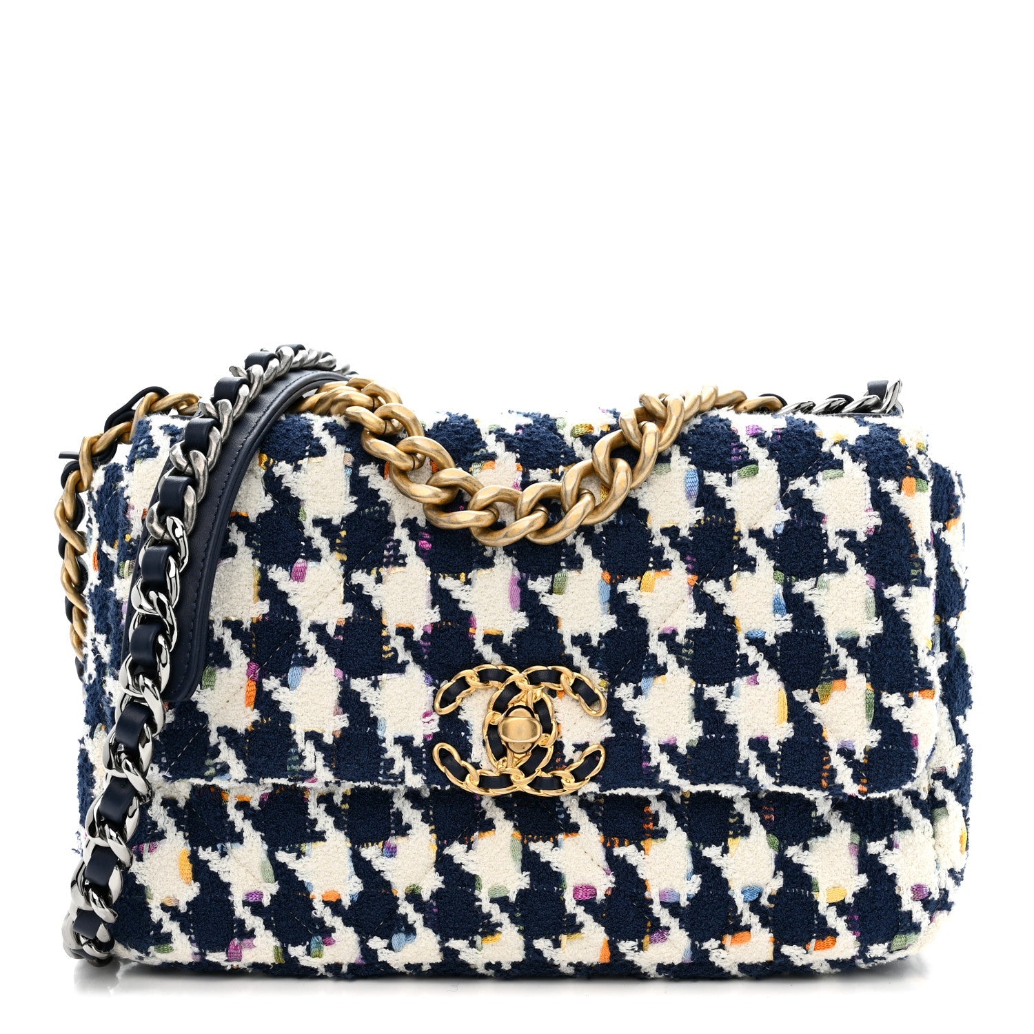 Tweed Quilted Medium Chanel 19 Flap Ecru Navy Blue Multicolor