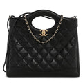 Shiny Crumpled Calfskin Quilted Small 31 Shopping Bag Black