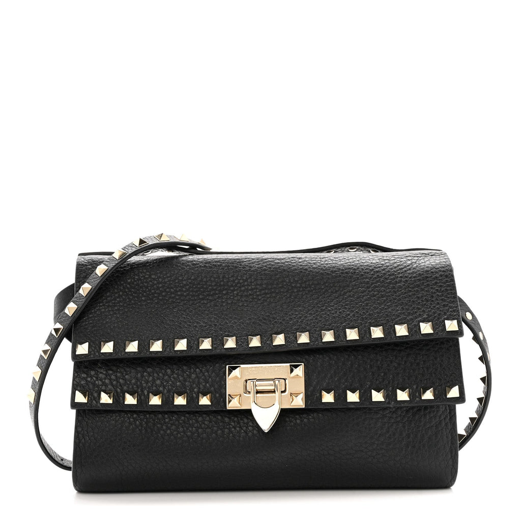 Grainy Calfskin Rockstud Double Flap Crossbody Bag Black