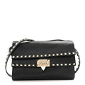 Grainy Calfskin Rockstud Double Flap Crossbody Bag Black