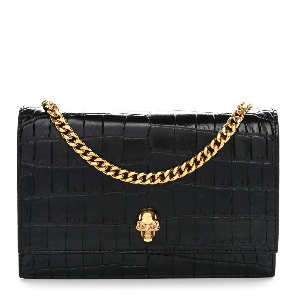 Calfskin Crocodile Embossed Skull Mini Crossbody Bag Black