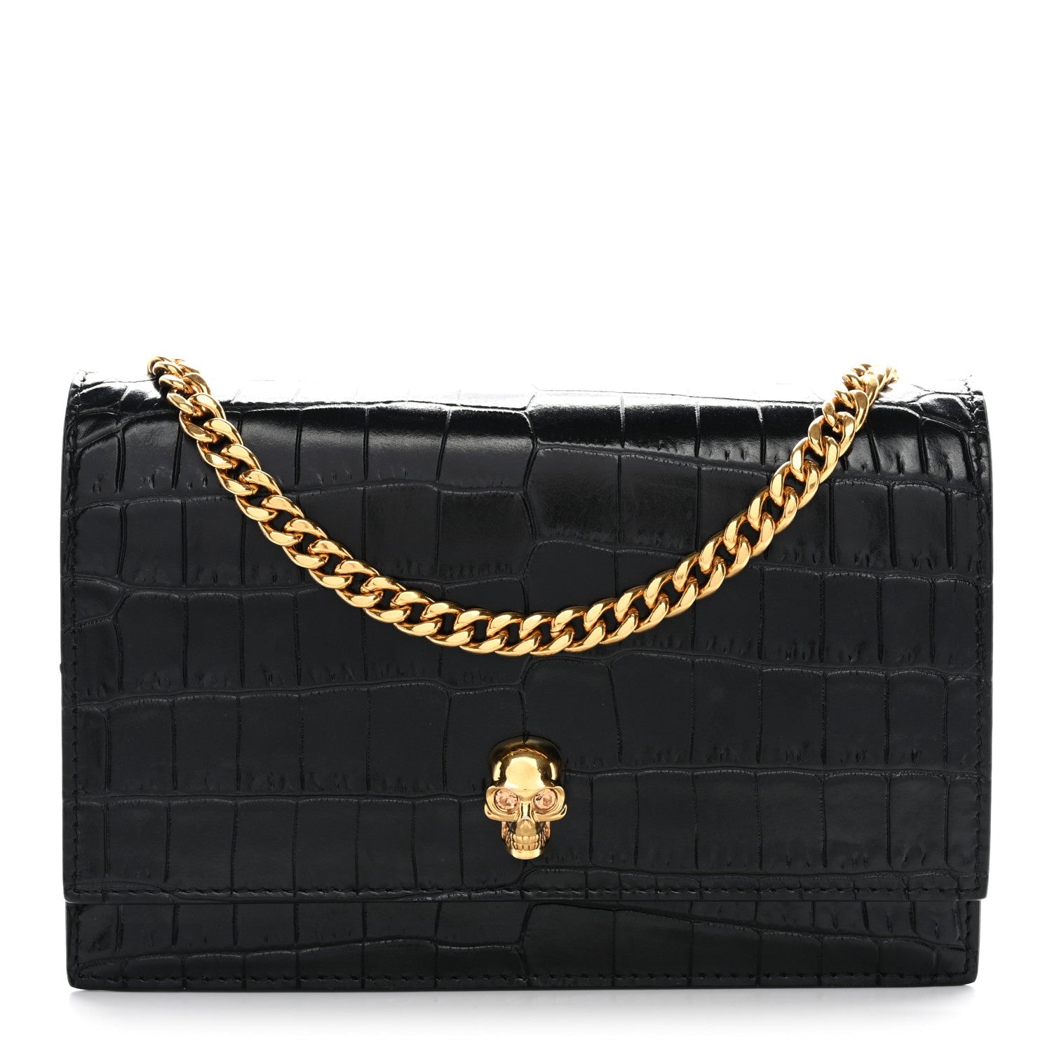Calfskin Crocodile Embossed Skull Mini Crossbody Bag Black