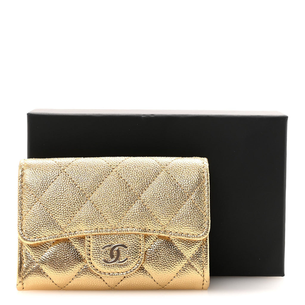 Metallic Caviar Quilted Flap  Holder Wallet Gold