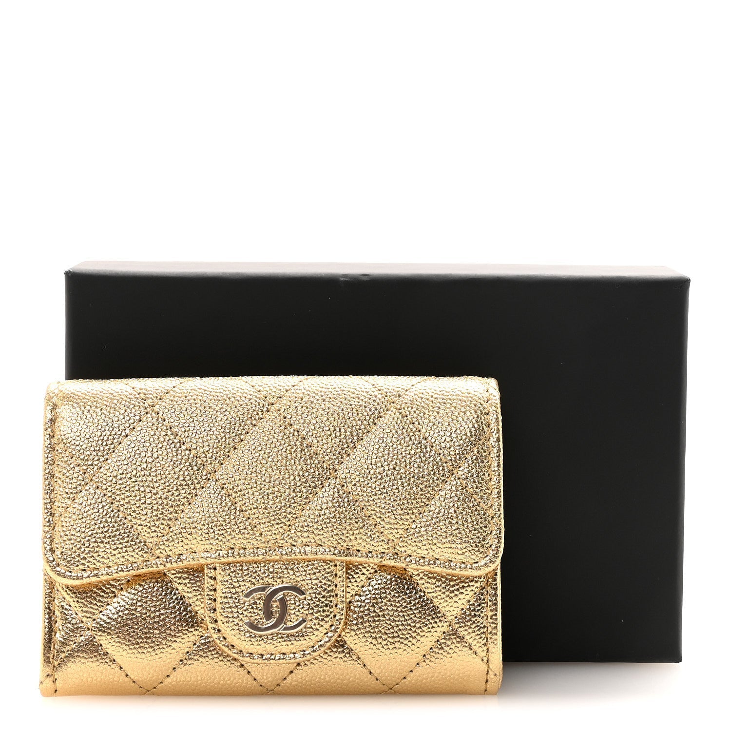 Metallic Caviar Quilted Flap  Holder Wallet Gold