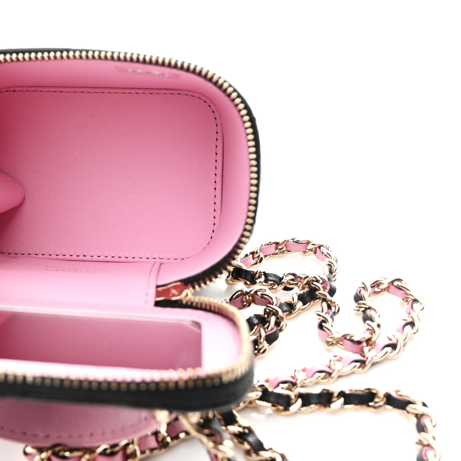 Lambskin Quilted Top Handle Mini Vanity Case With Chain Black Pink