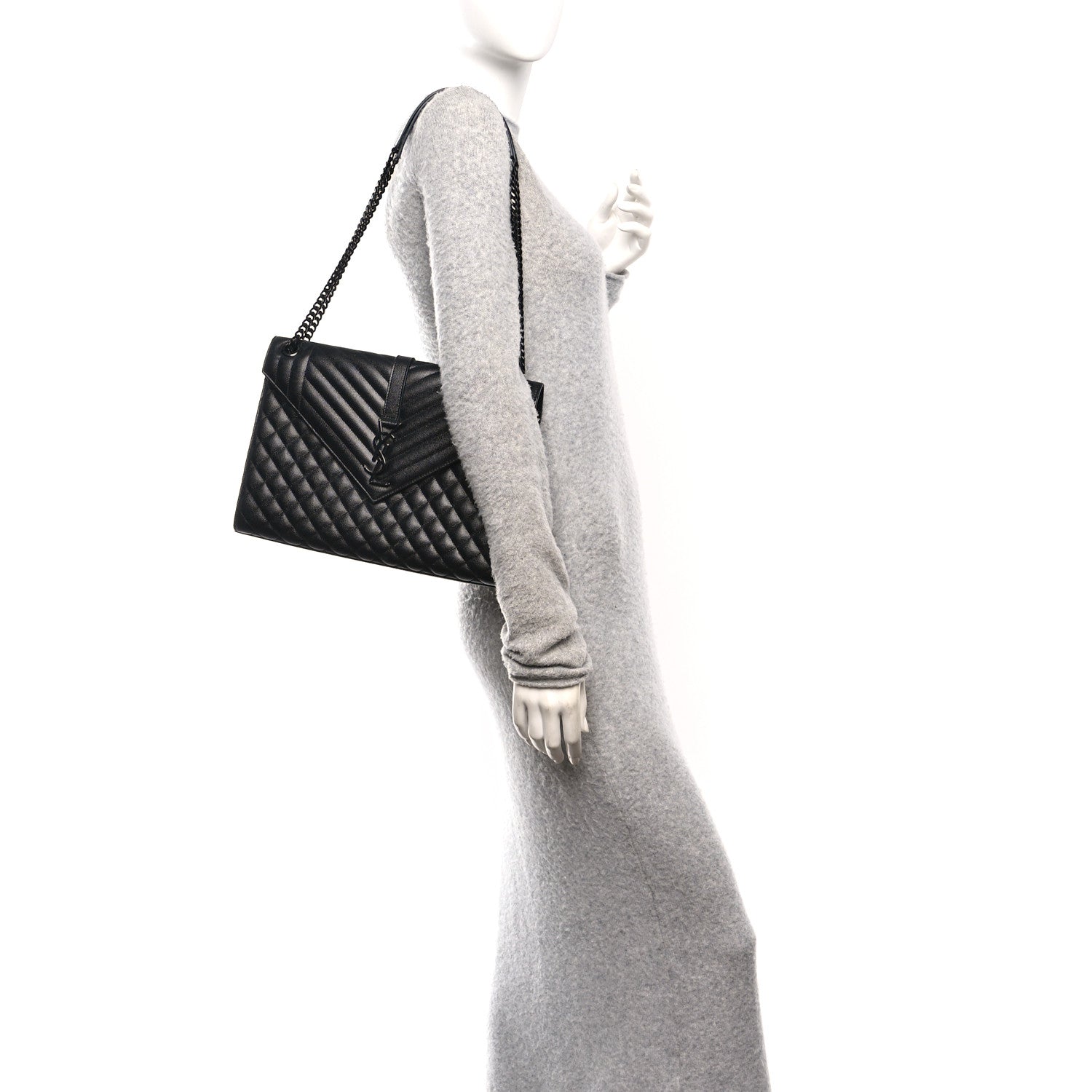 Grain De Poudre Textured Mixed Matelasse Large Triquilt Monogram Monochrome Satchel Black