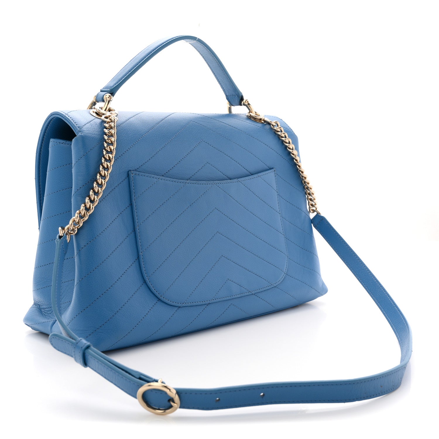 Grained Calfskin Medium Chevron Chic Top Handle Flap Blue