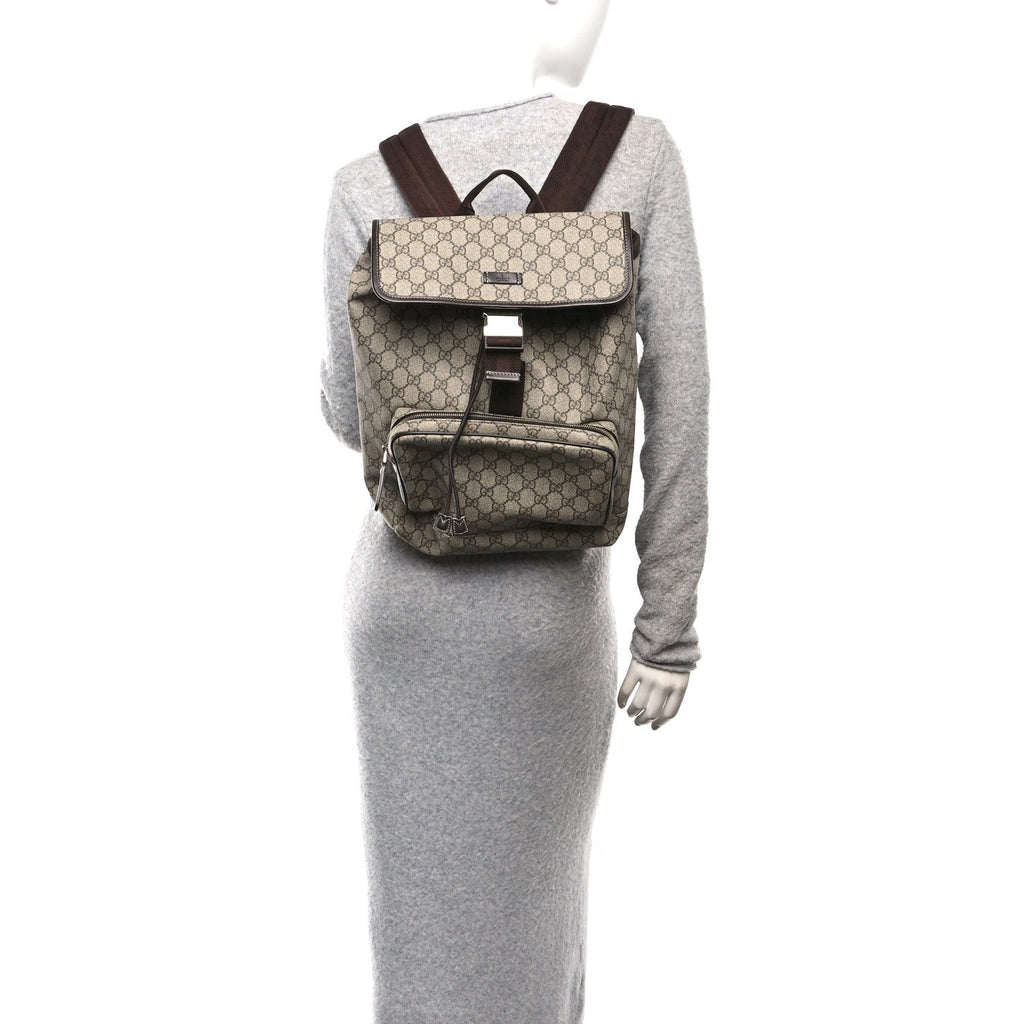 GG Supreme Monogram Medium Single Buckle Rucksack Backpack Beige Ebony Brown