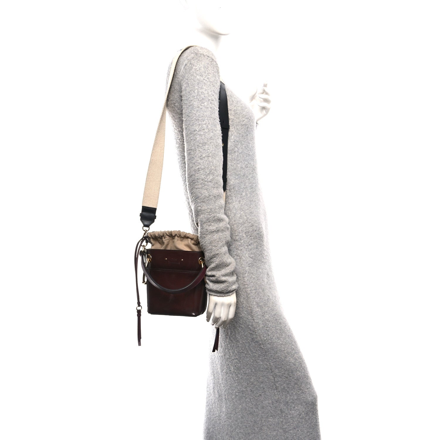 Patent Calfskin Mini Roy Bucket Bag Burnt Brown