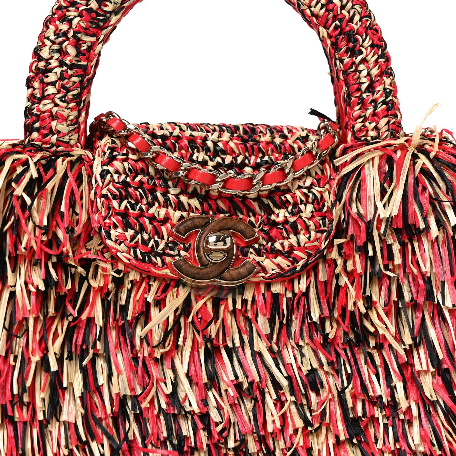 Raffia Fringe Nano Kelly Shopper Red Beige Black