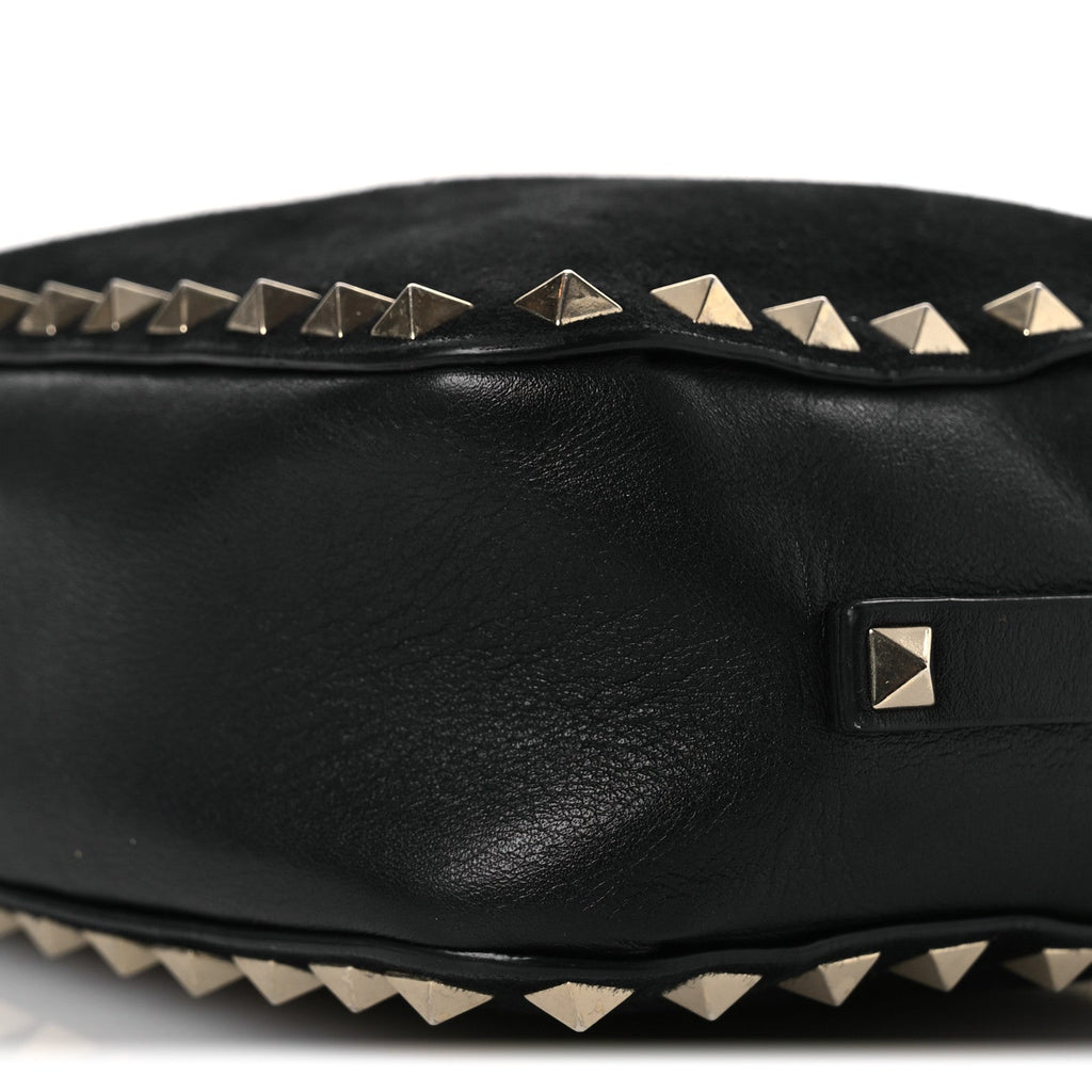 Calfskin Suede Rockstud Camera Crossbody Bag Black