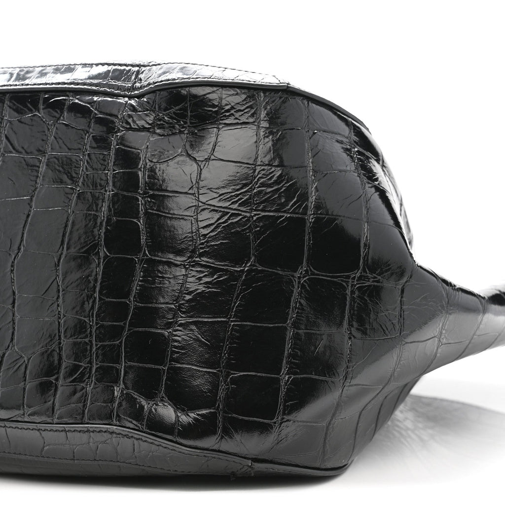 Calfskin Crocodile Embossed Greca Goddess Tote Bag Black
