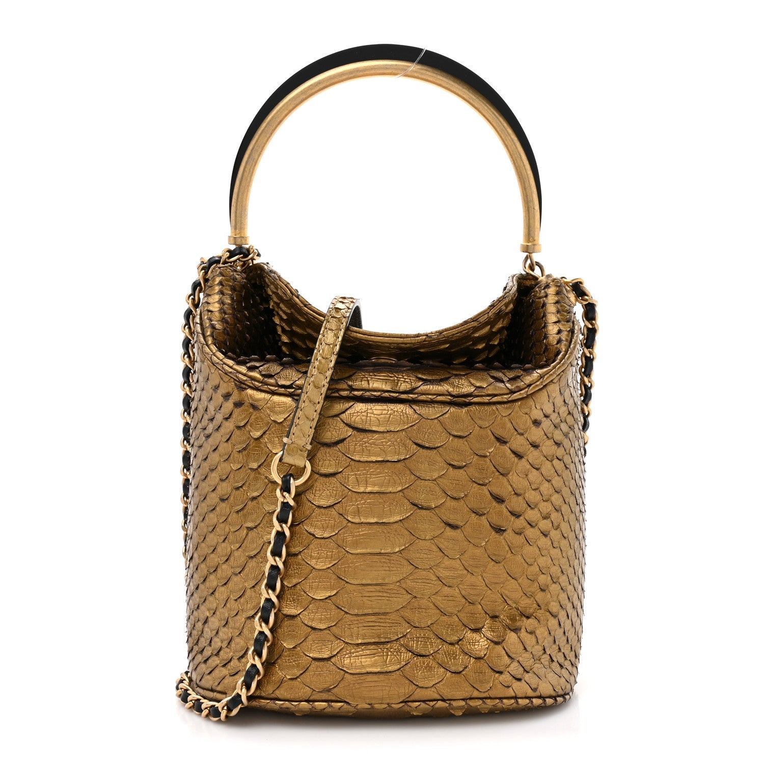 Metallic Snakeskin Paris Hamburg Drawstring Bucket Bag Gold