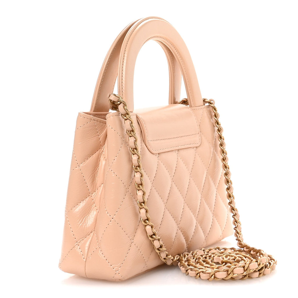 Shiny Aged Calfskin Quilted Nano Kelly Shopper Beige