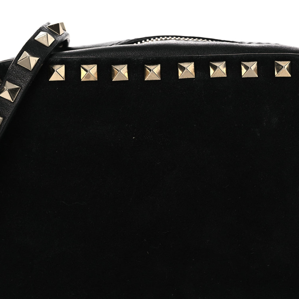 Calfskin Suede Rockstud Camera Crossbody Bag Black