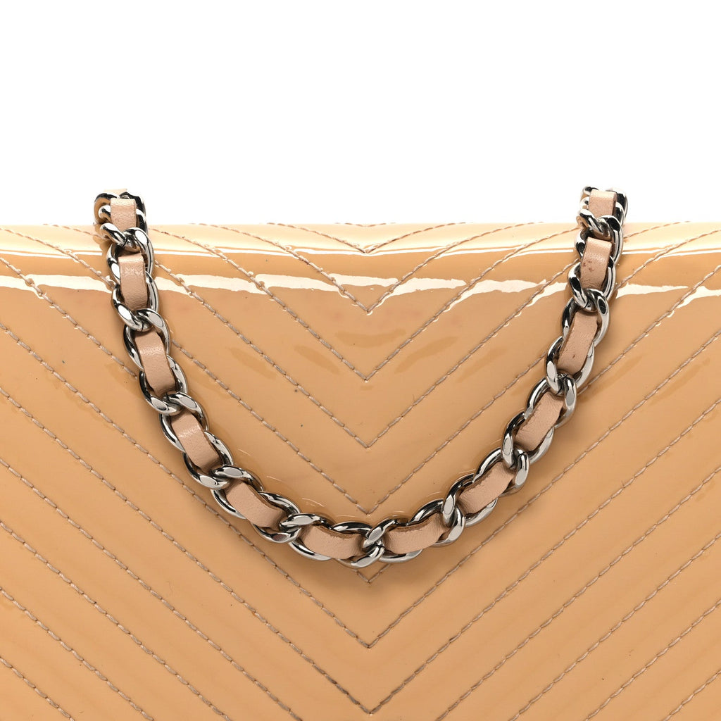 Patent Calfskin Chevron Quilted Wallet On Chain WOC Beige
