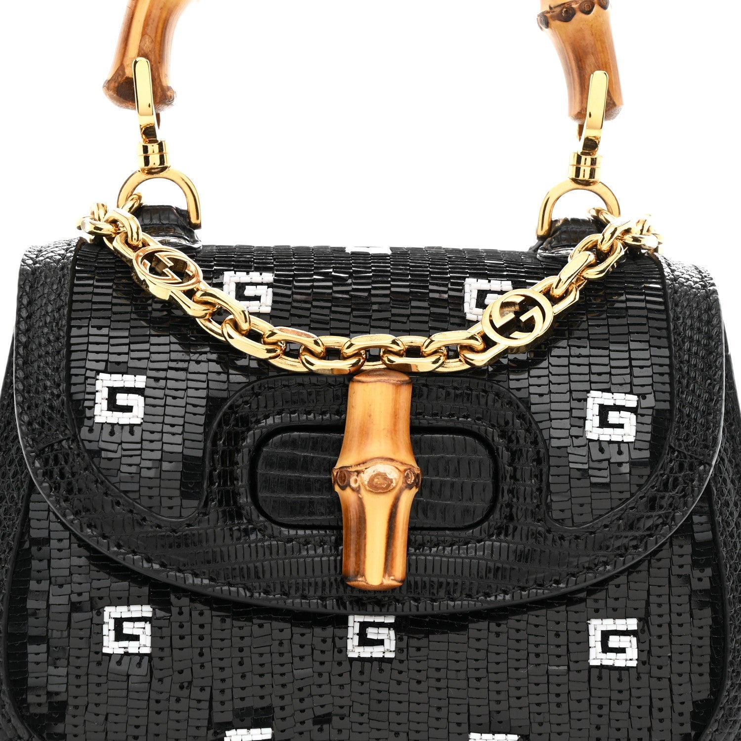 Sequin Lizard Embossed GG Mini Bamboo 1947 Top Handle Chain Bag Black White
