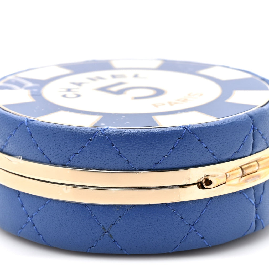 Lambskin Enamel Quilted Round Poker Chip Clutch With Chain Blue White