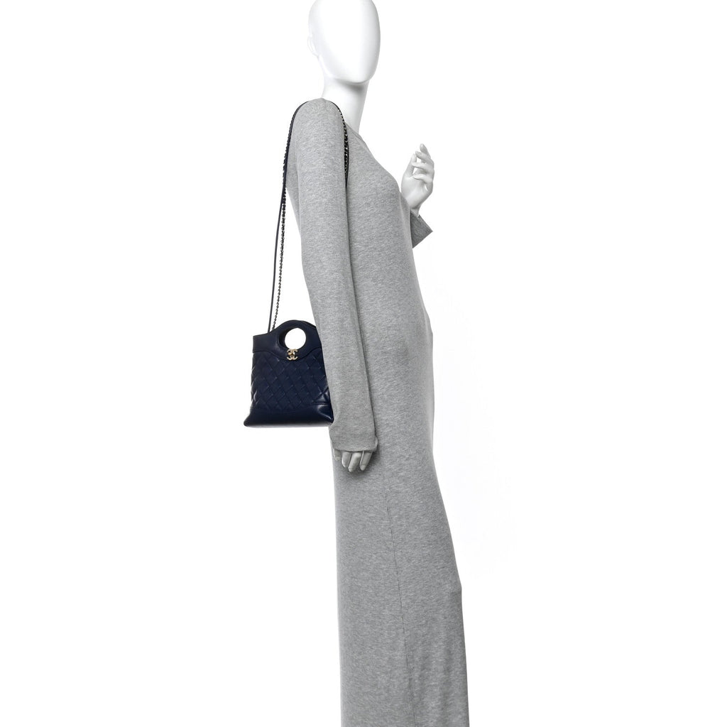 Shiny Crumpled Calfskin Quilted Mini 31 Shopping Bag Navy Blue
