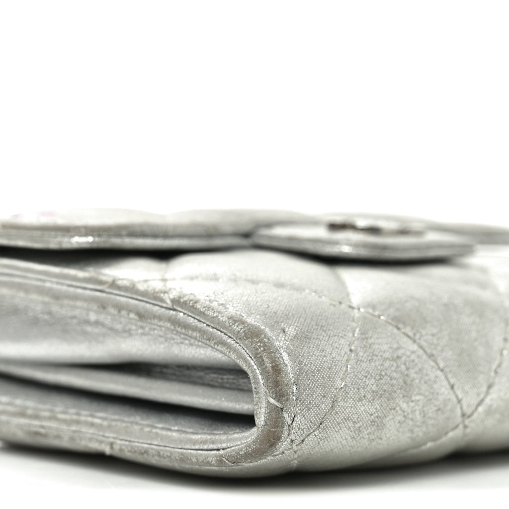 Metallic Lambskin Quilted Flap  Holder Wallet Silver