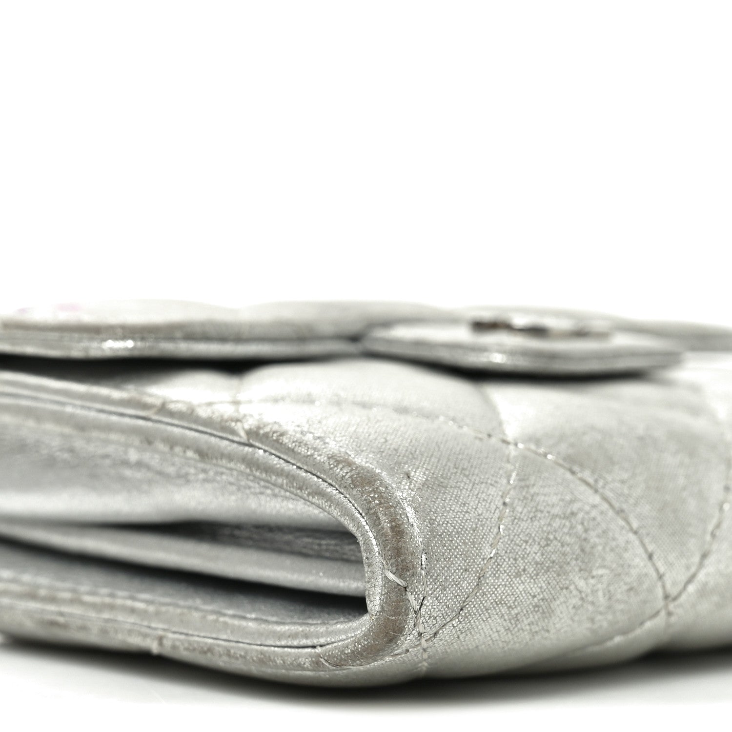 Metallic Lambskin Quilted Flap  Holder Wallet Silver
