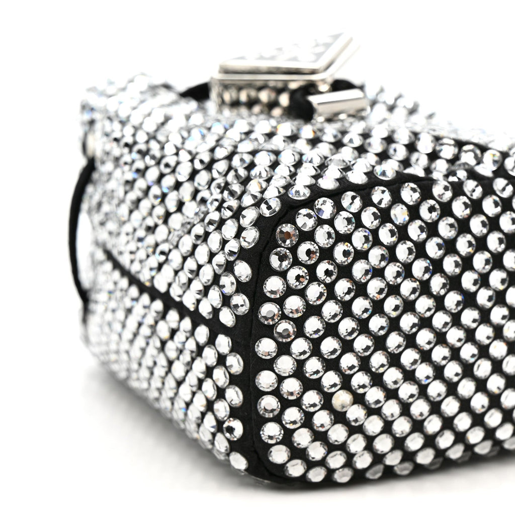 Satin Crystal Metal Triangle Logo Mini Drawcord Pouch Shoulder Bag Crystal