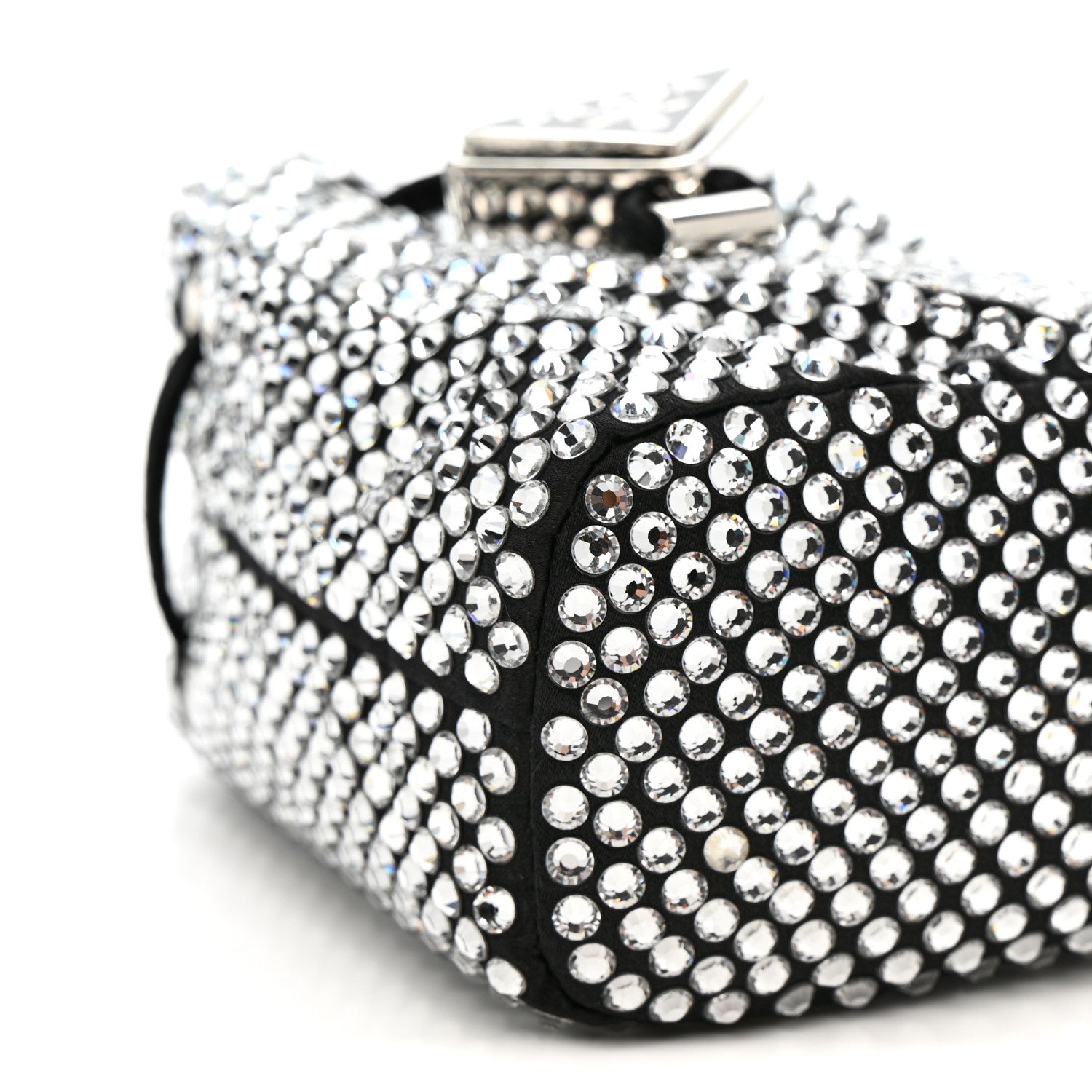 Satin Crystal Metal Triangle Logo Mini Drawcord Pouch Shoulder Bag Crystal