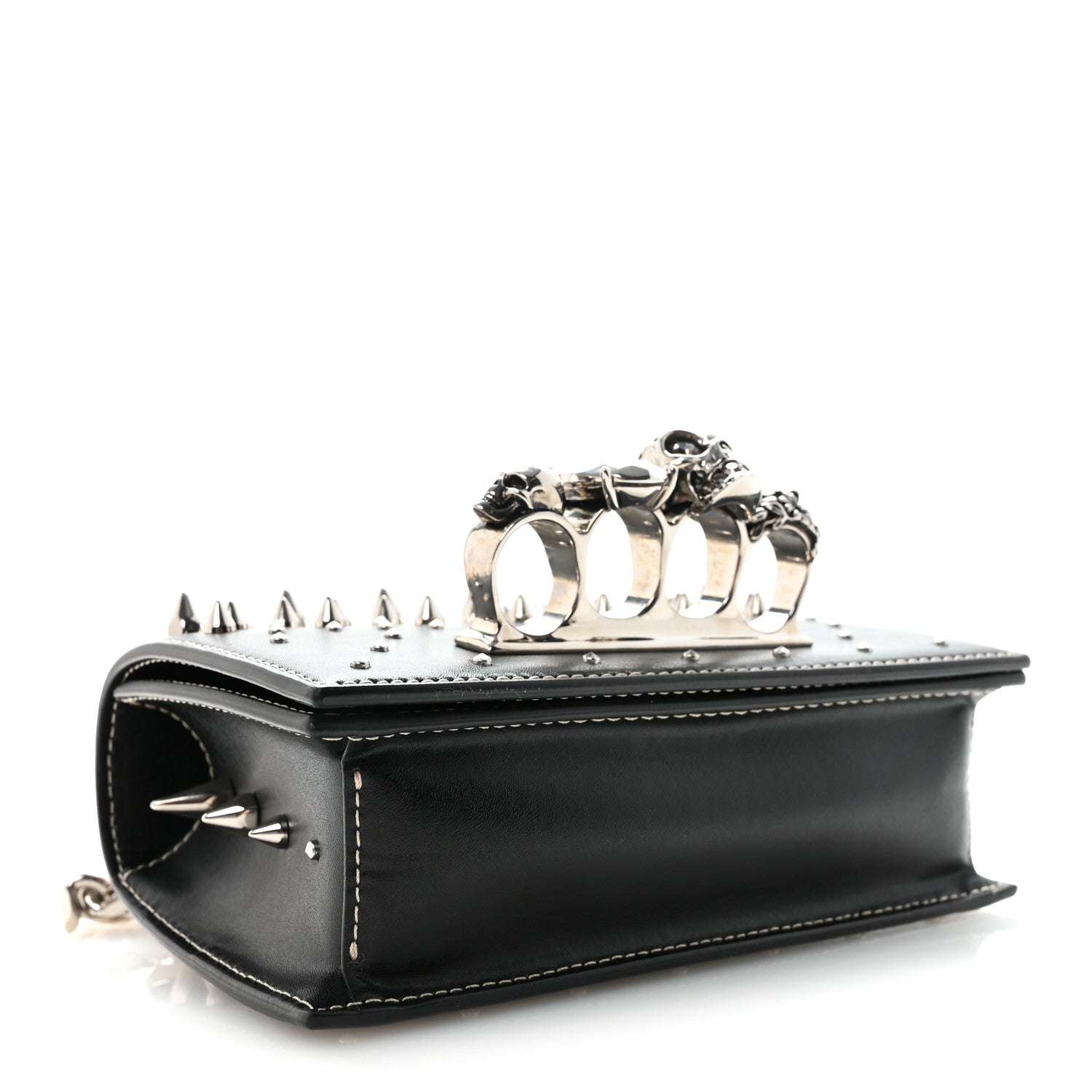 Calfskin Spike Studded Knuckle Satchel Black Silver