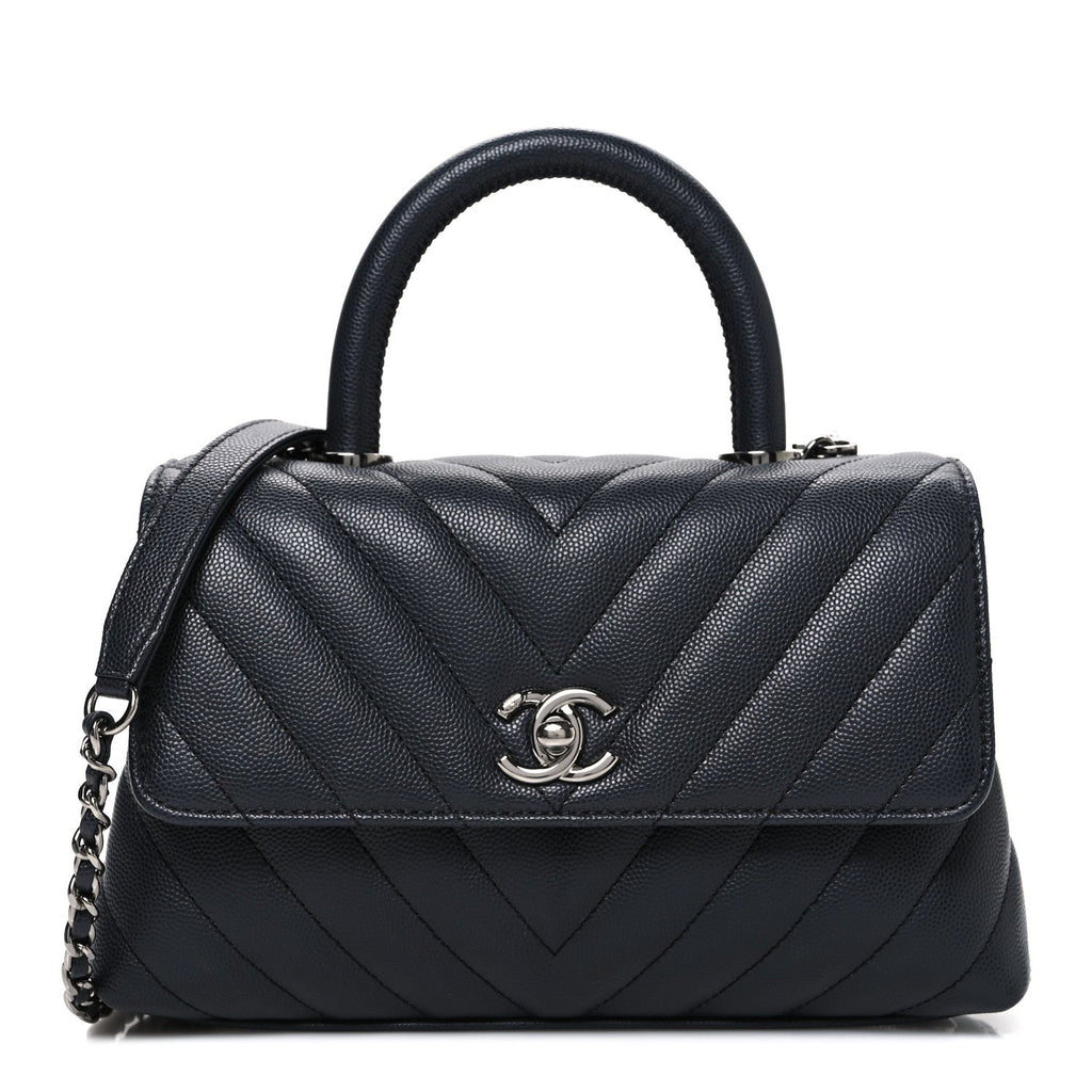 Caviar Chevron Quilted Mini Coco Handle Flap Dark Grey