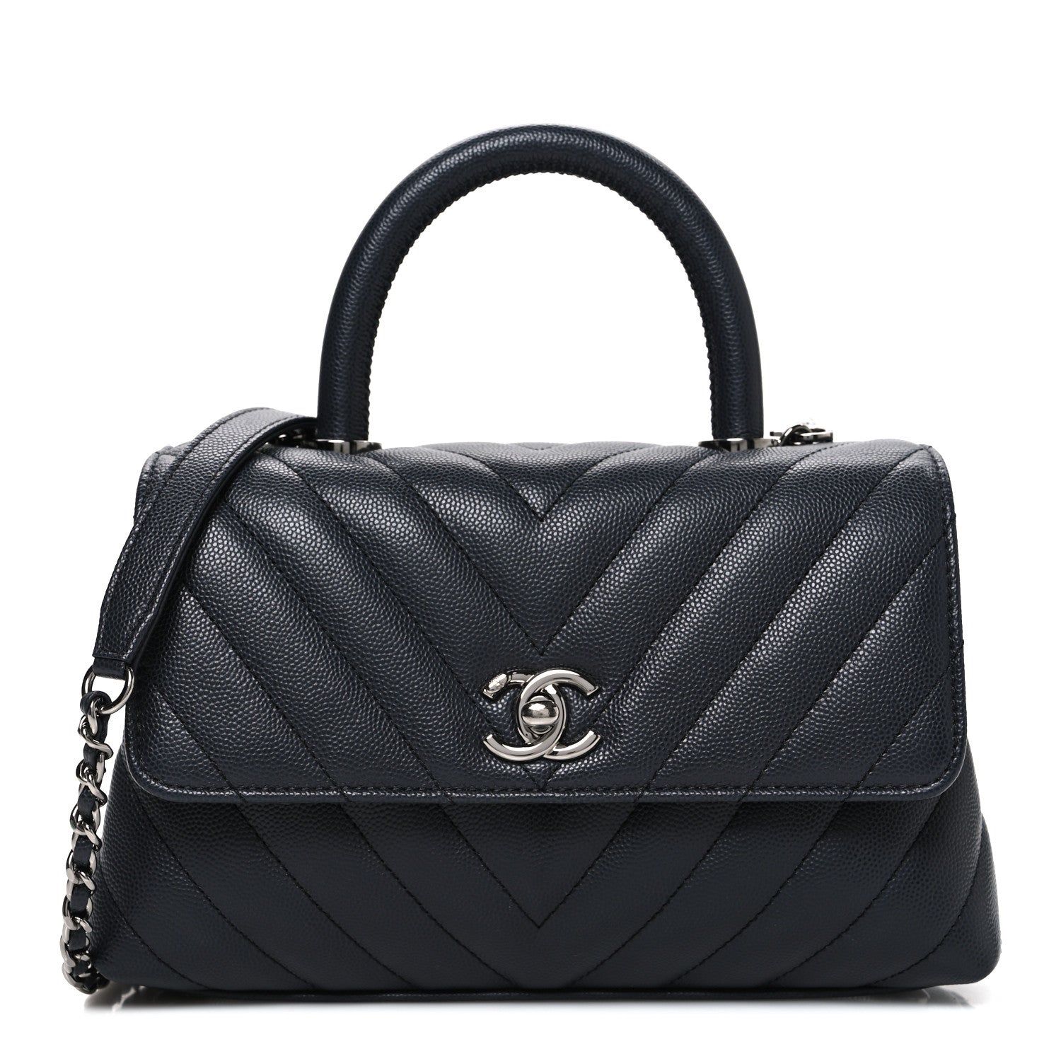 Caviar Chevron Quilted Mini Coco Handle Flap Dark Grey