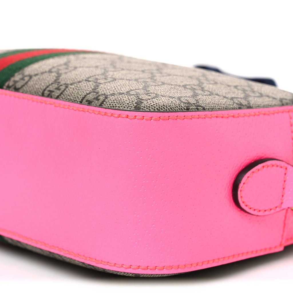 GG Supreme Monogram Textured Dollar Calfskin Web Ophidia Small Crossbody Bag Beige Ebony Fuchsia