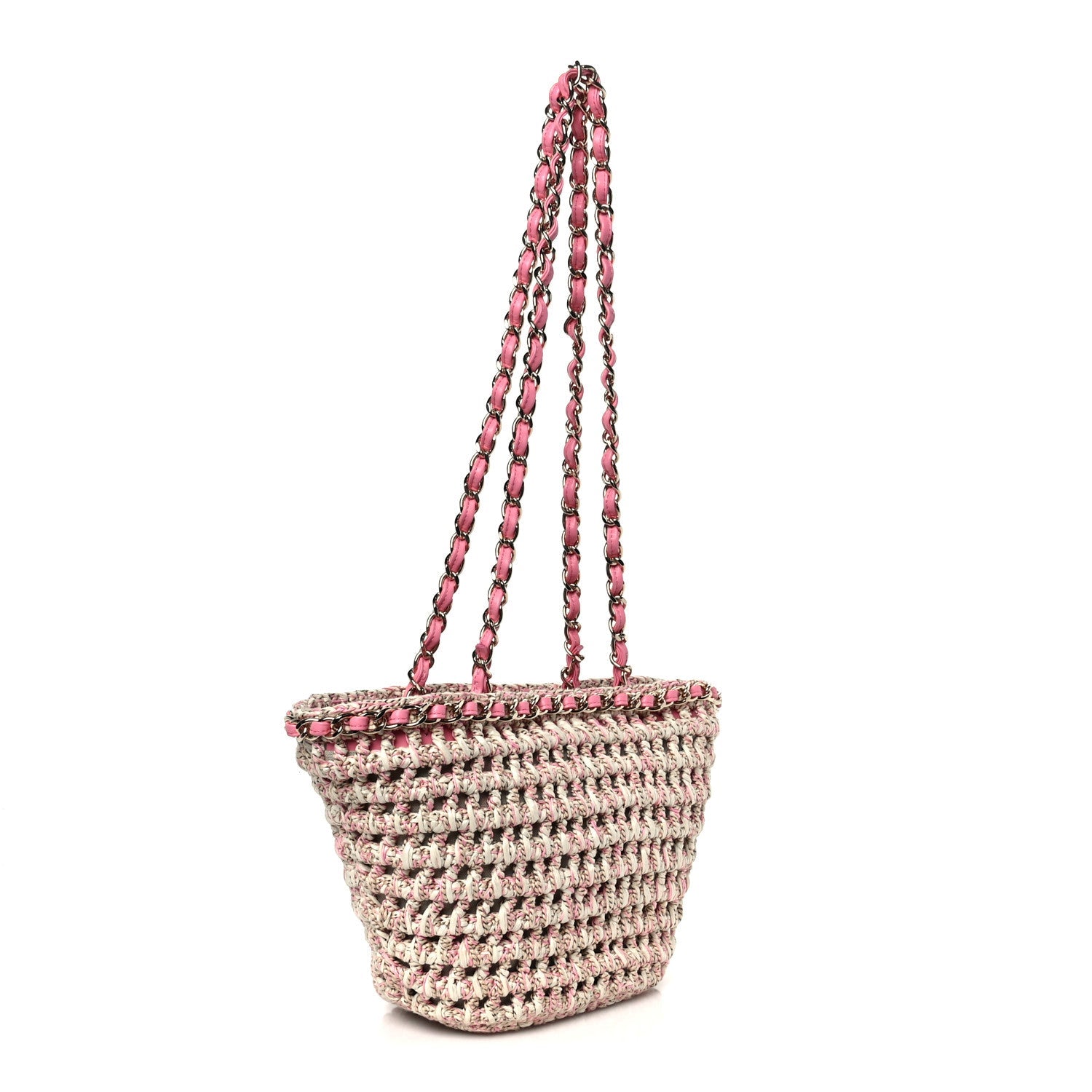 Mixed Fibers Calfskin Crochet Small Shopping Bag Beige Pink
