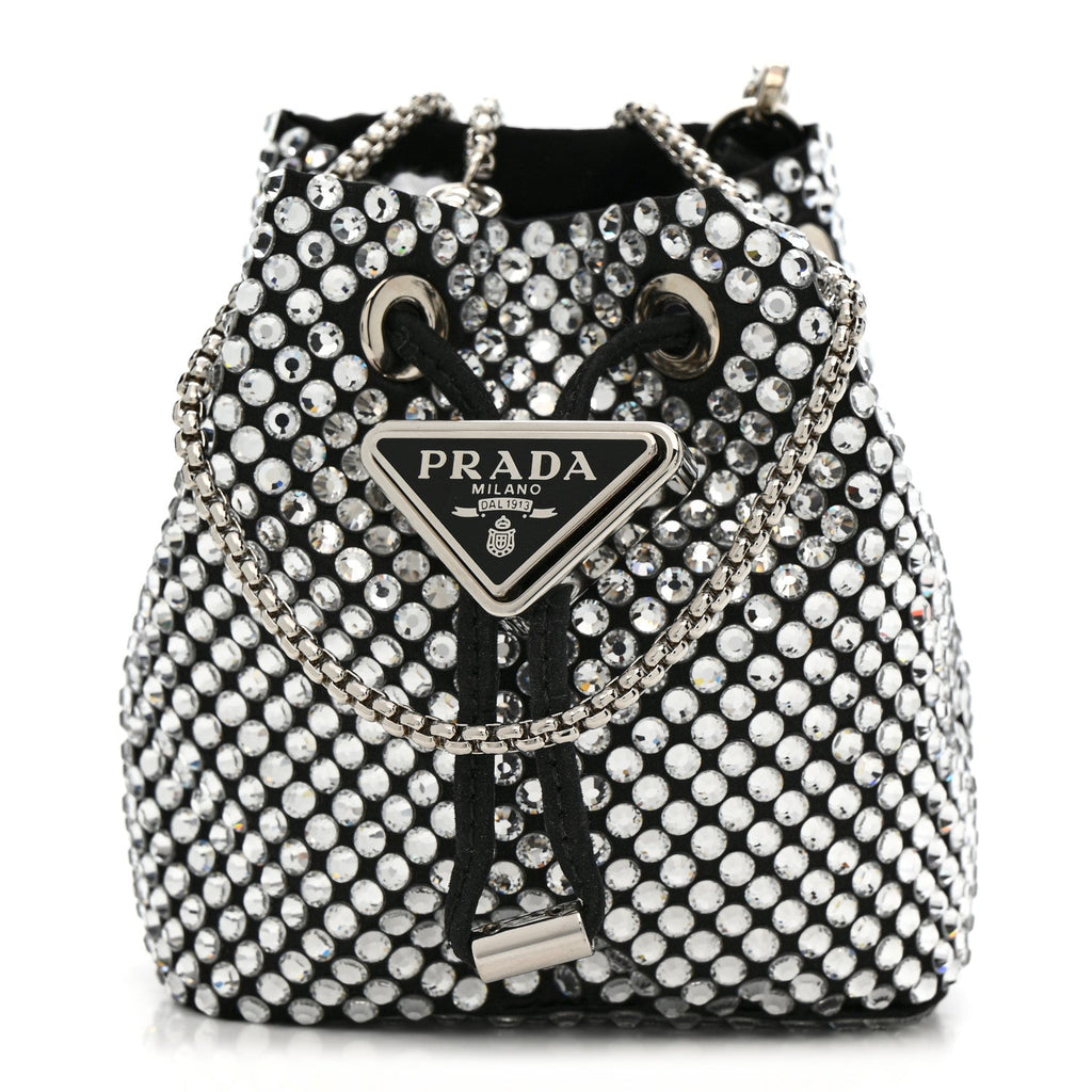 Satin Crystal Metal Triangle Logo Mini Drawcord Pouch Shoulder Bag Crystal