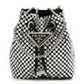 Satin Crystal Metal Triangle Logo Mini Drawcord Pouch Shoulder Bag Crystal
