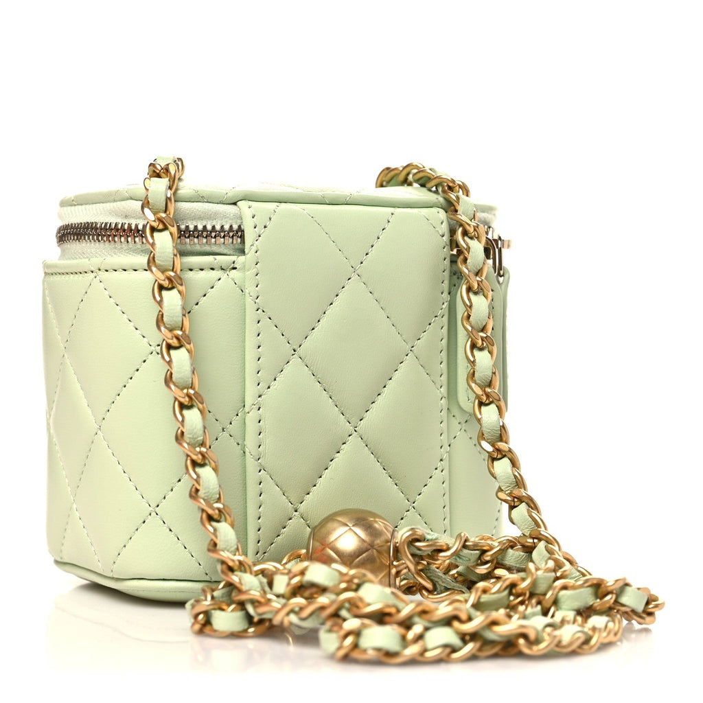 Lambskin Quilted Pearl Crush Mini Vanity Case With Chain Light Green