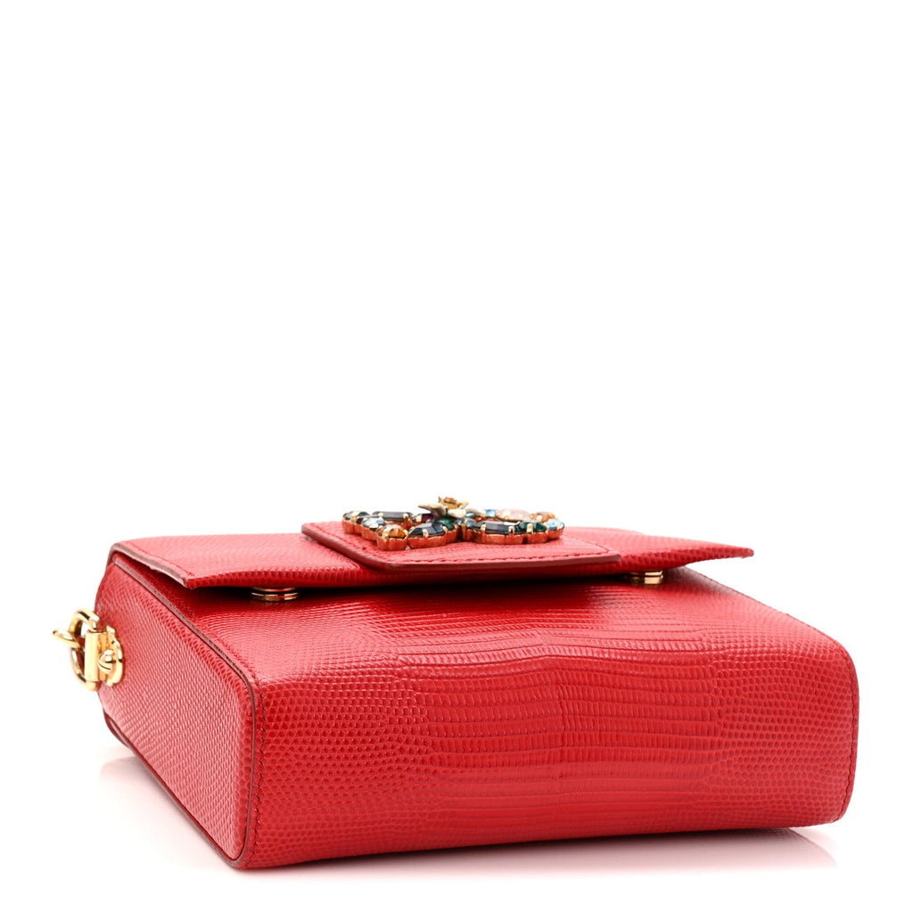 Lizard Embossed Crystal Embellished DG Millennials Mini Crossbody Bag Red