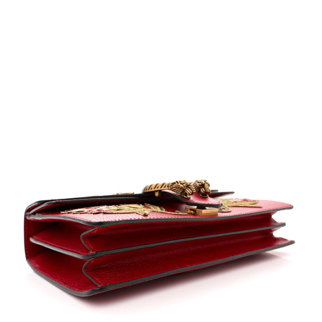 Calfskin Web Floral Embroidered Small Dionysus Shoulder Bag Hibiscus Red