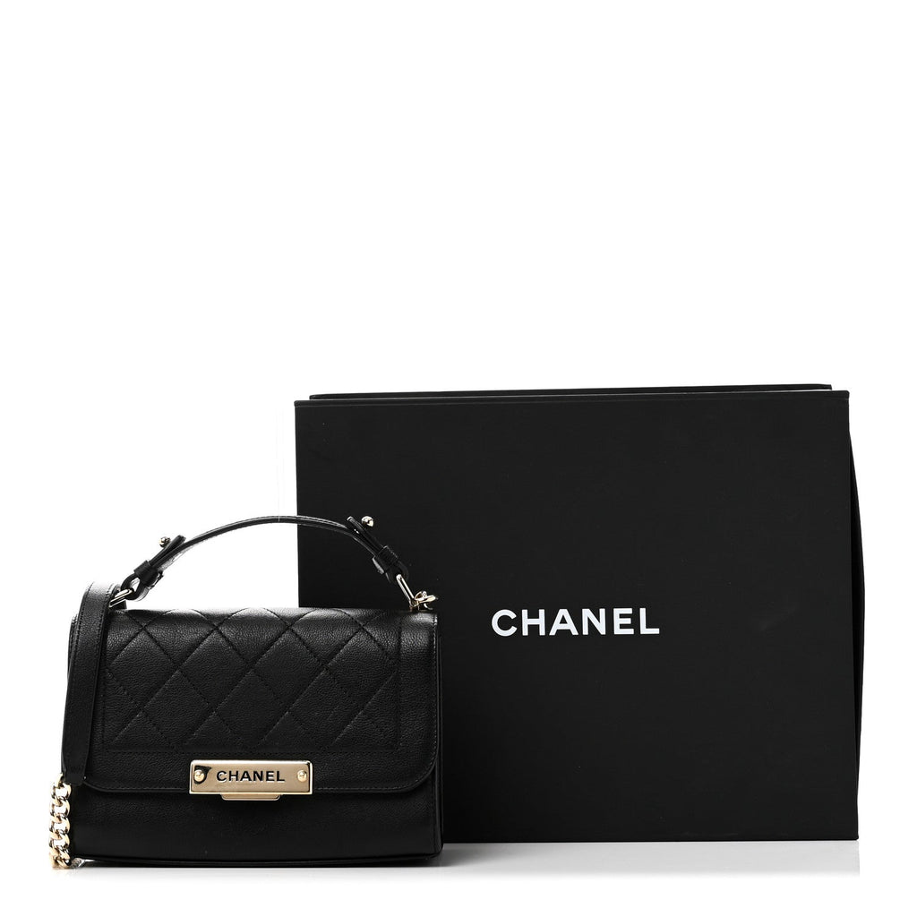 Grained Calfskin Quilted Small Label Click Flap Bag Black