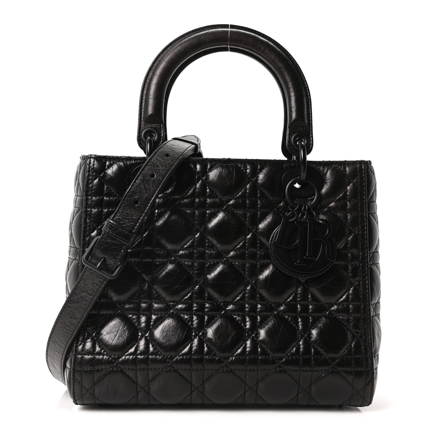 Crinkled Calfskin Cannage Medium Lady Dior Black