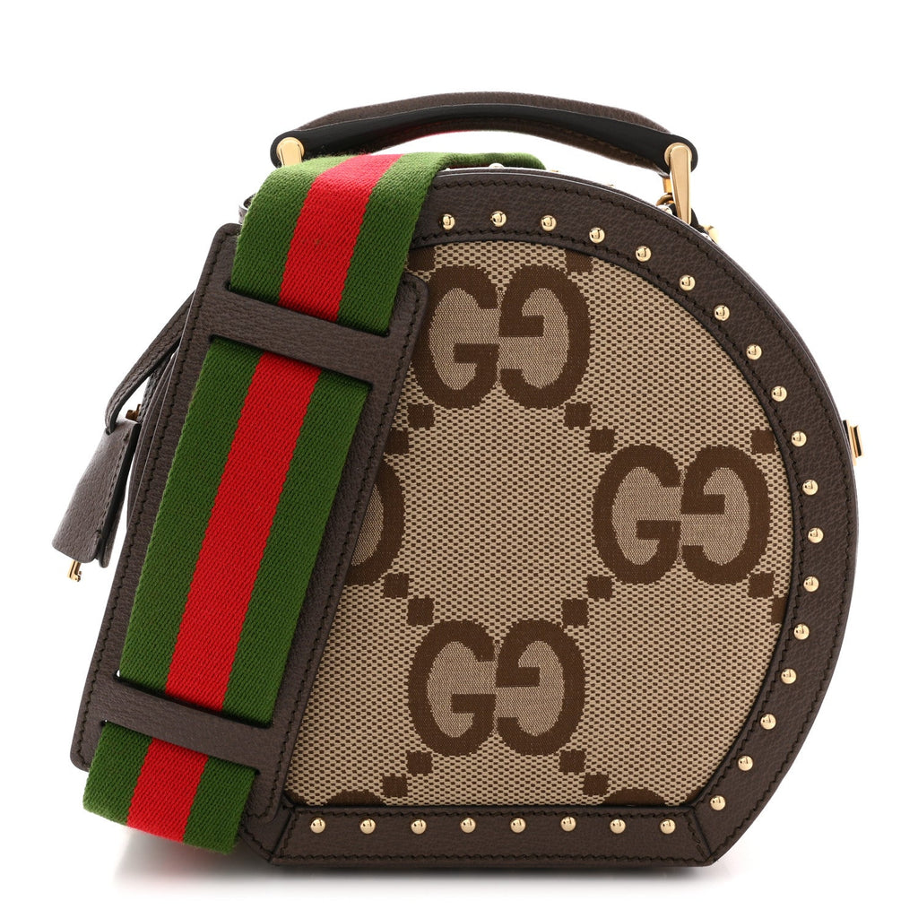 Monogram Jumbo GG Textured Dollar Calfskin Web Mini Savoy Hat Box Camel Ebony New Acero