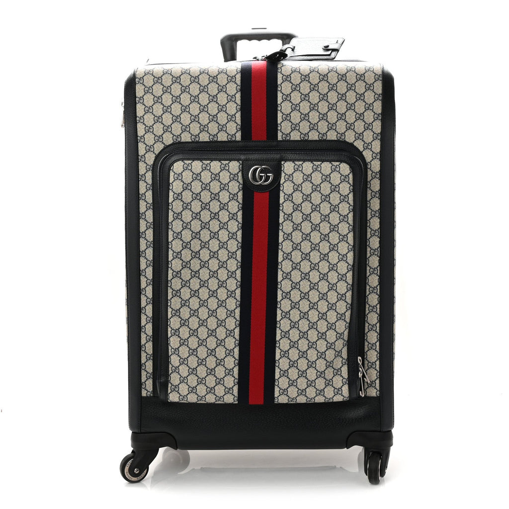 GG Supreme Monogram Textured Dollar Calfskin Web Large Savoy Trolley Suitcase Beige Blue