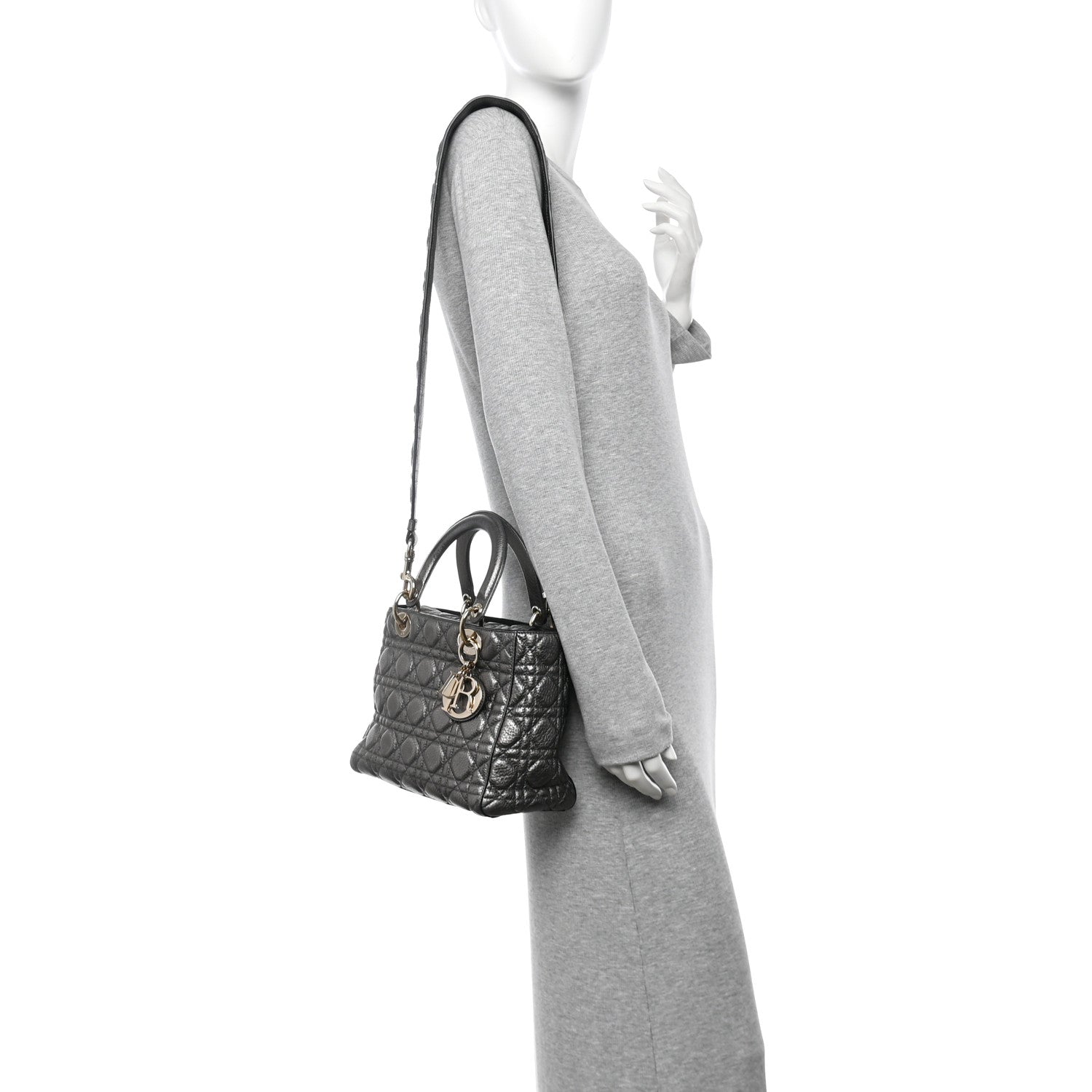 Metallic Grained Calfskin Cannage Medium Supple Lady Dior Steel
