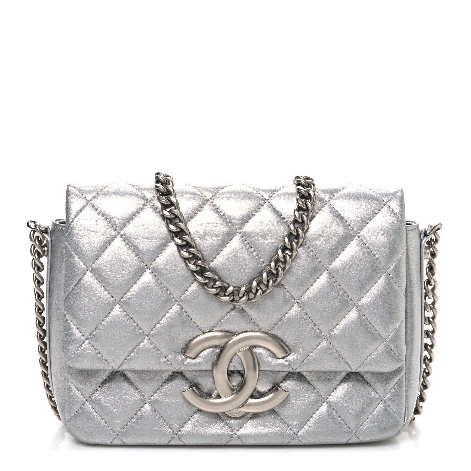 Metallic Lambskin Quilted Mini Maxi CC Flap Argent