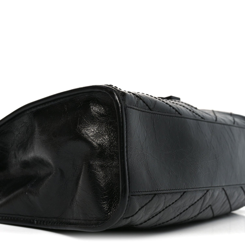 Crinkled Calfskin Matelasse Monogram Medium Niki Shopper Tote Black