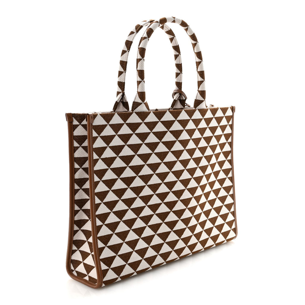 Jacquard Saffiano Triangolo Symbole Embroidered Large Tote Tobacco Talco