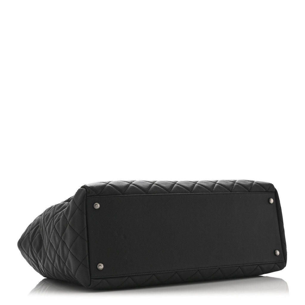 Caviar Quilted Large Coco Handle Shopping Tote Black