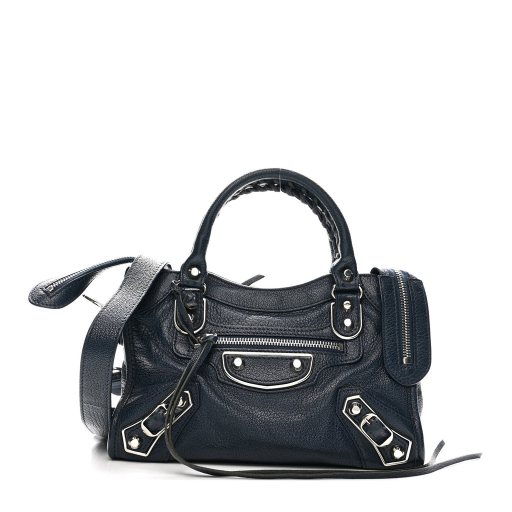 Chevre Silver Metallic Edge Hardware Mini City Bleu de Minuit
