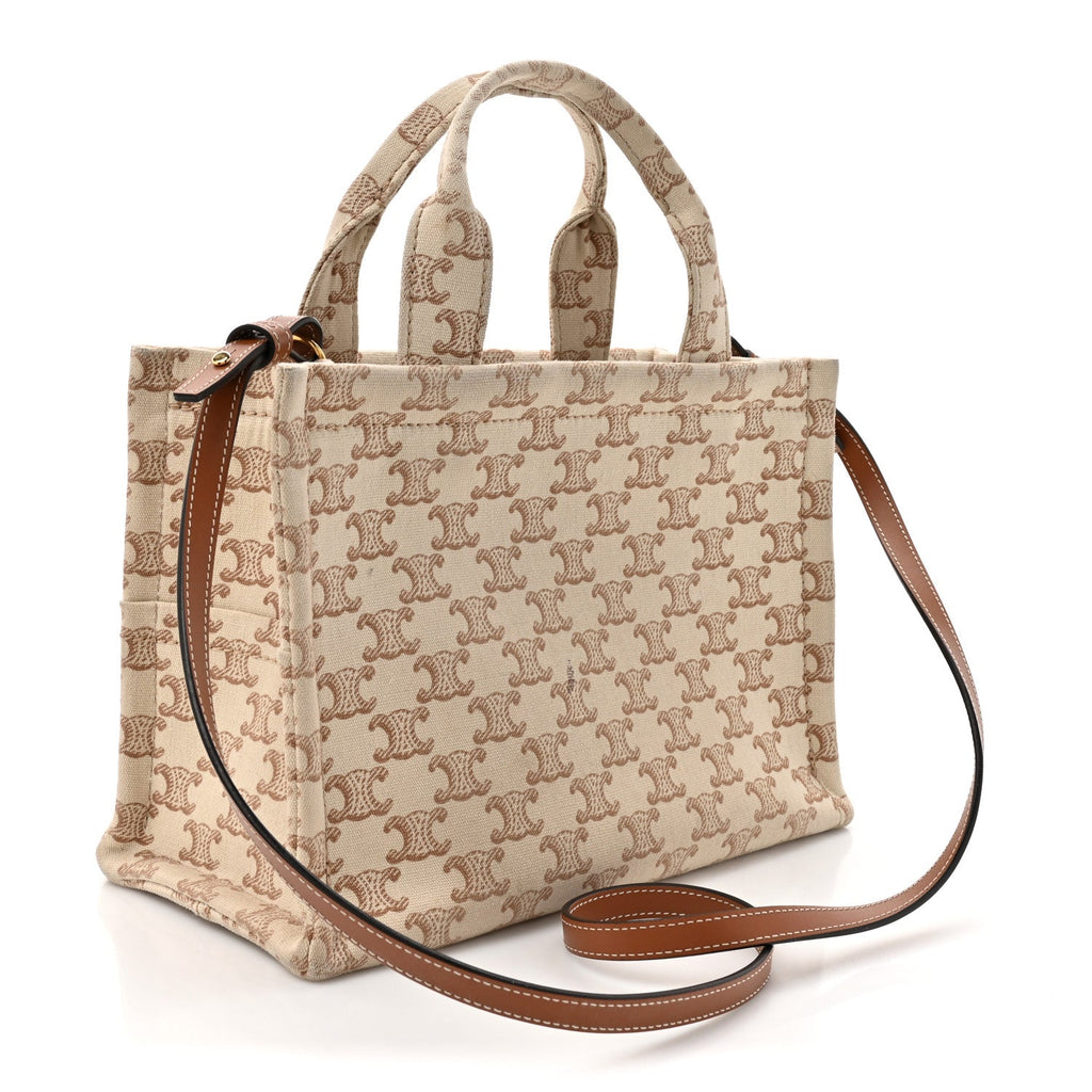 Canvas Calfskin Triomphe Print Small Cabas Thais White