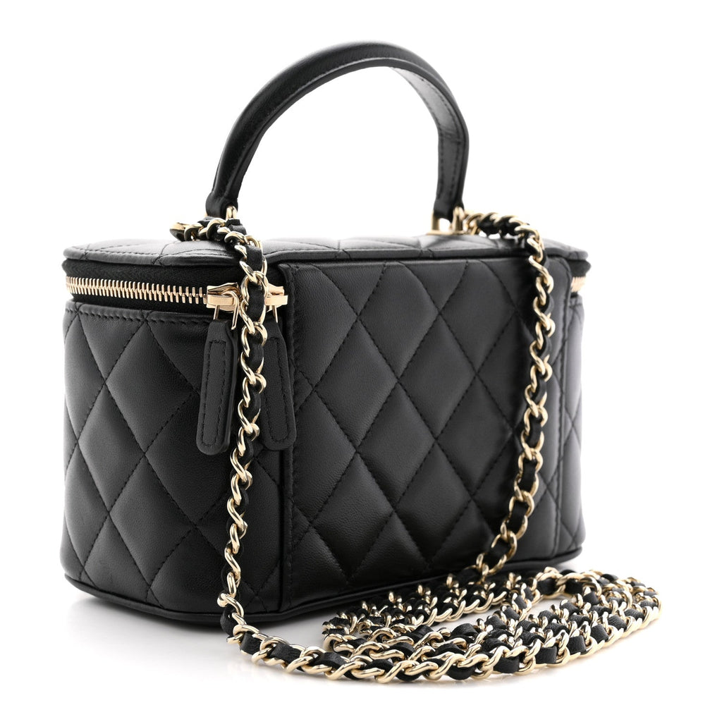Lambskin Quilted Small Top Handle Vanity Case With Chain Black